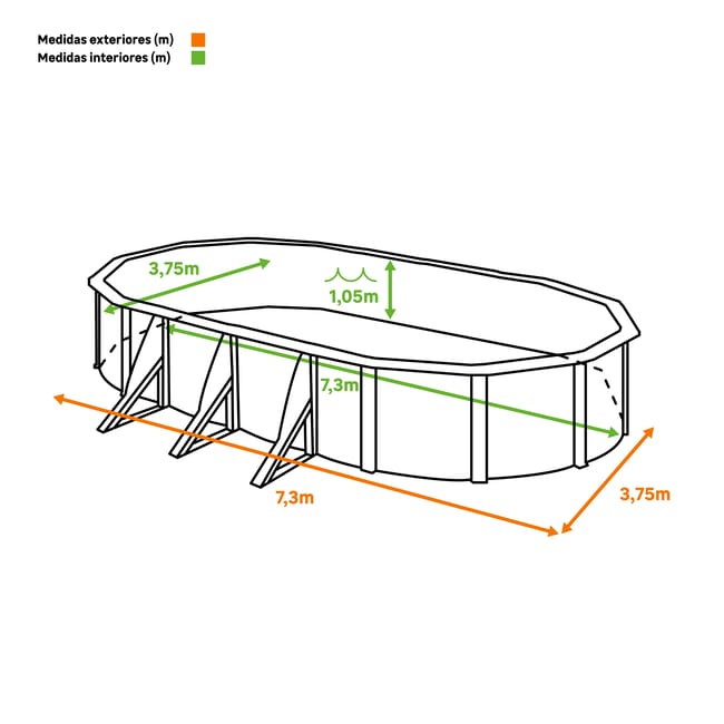 Piscina rígida acima do solo GRE Fiji branca tamanho L (7,3 x 3,75 m)